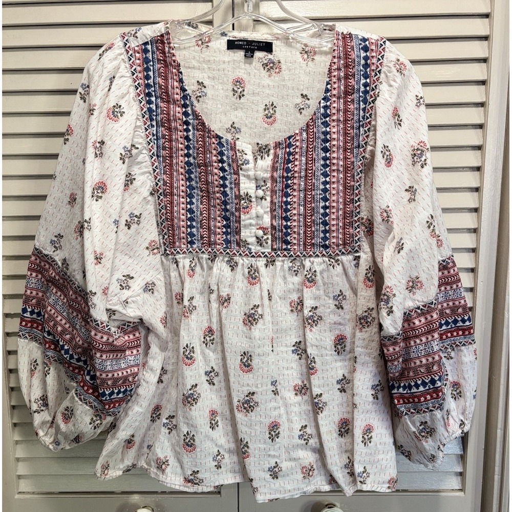 Romeo + Juliet Relaxed Boho Button Floral Blouse Size L Elastic Cuff Lg Puff Sl
